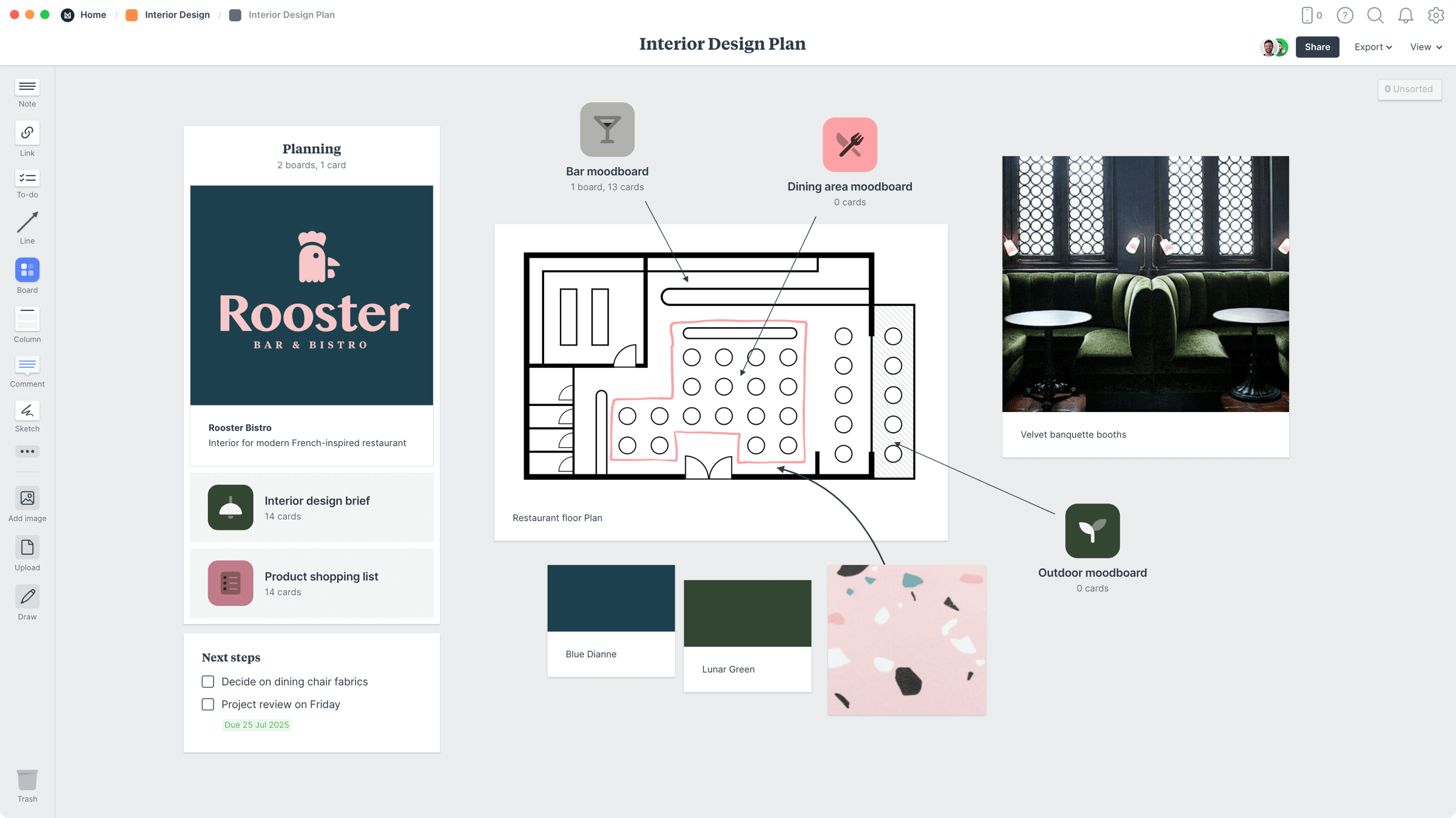 Interior Design Project Plan Template, within the Milanote app