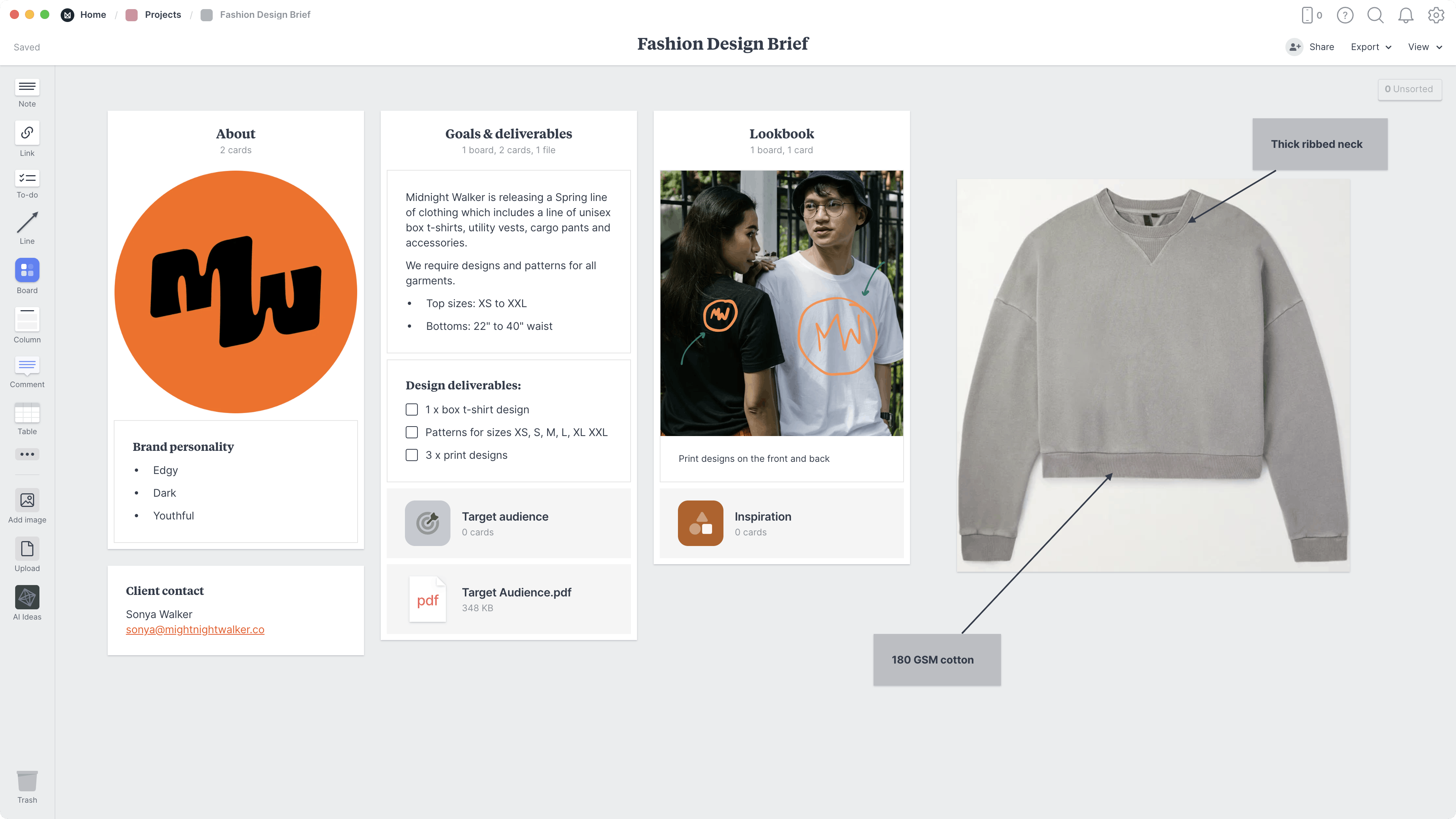 Fashion Design Brief Template, within the Milanote app